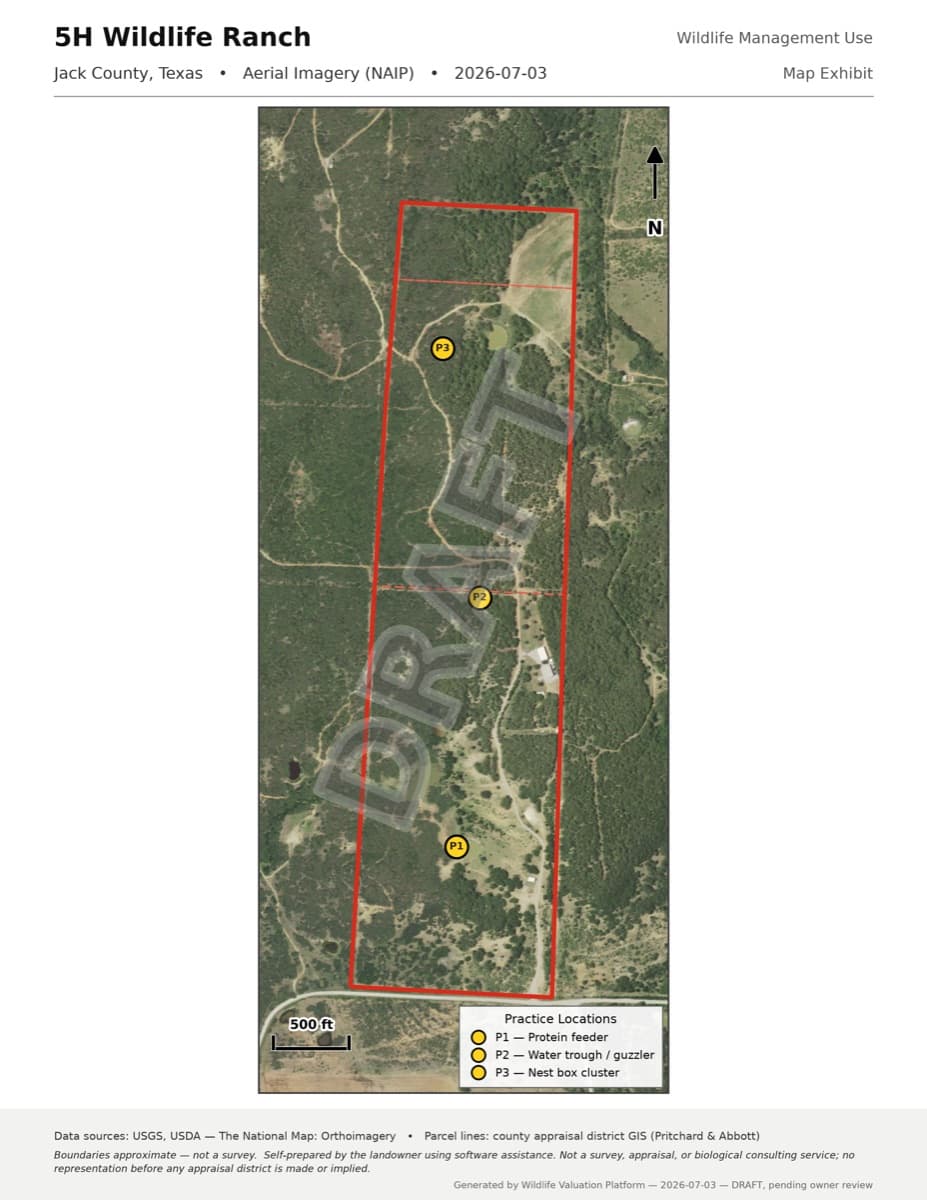 Aerial imagery map exhibit with property boundary and practice pins