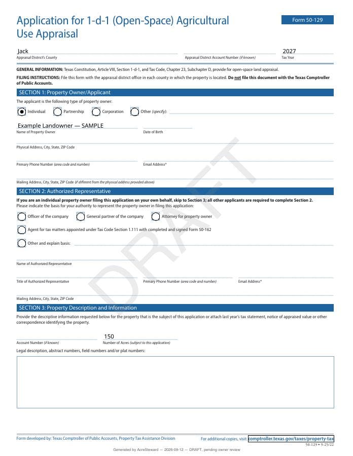 First page of the sample Agricultural appraisal application (50-129)