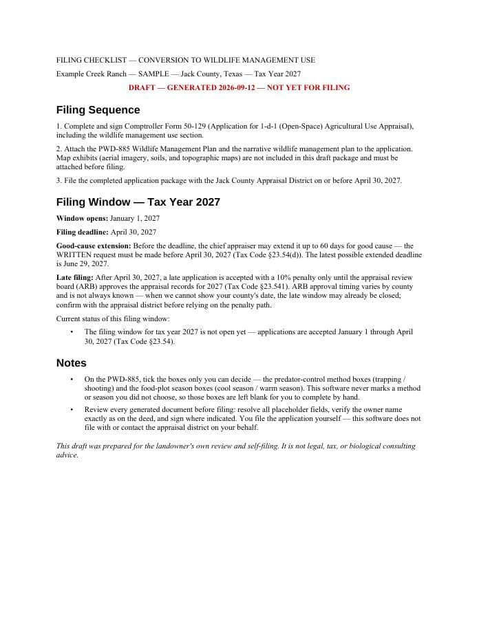 First page of the sample Filing checklist