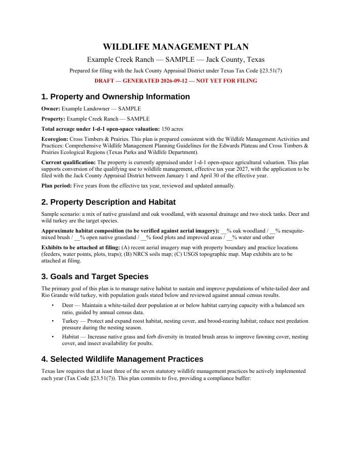 First page of the sample Wildlife management plan