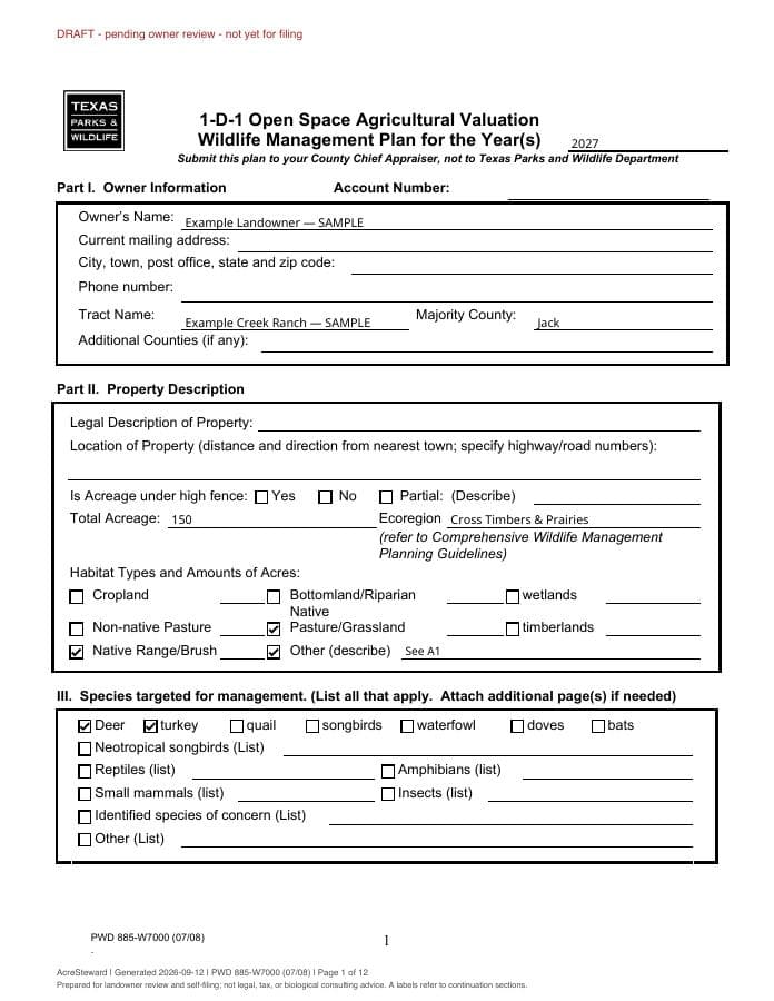 First page of the sample State wildlife plan form (PWD-885)